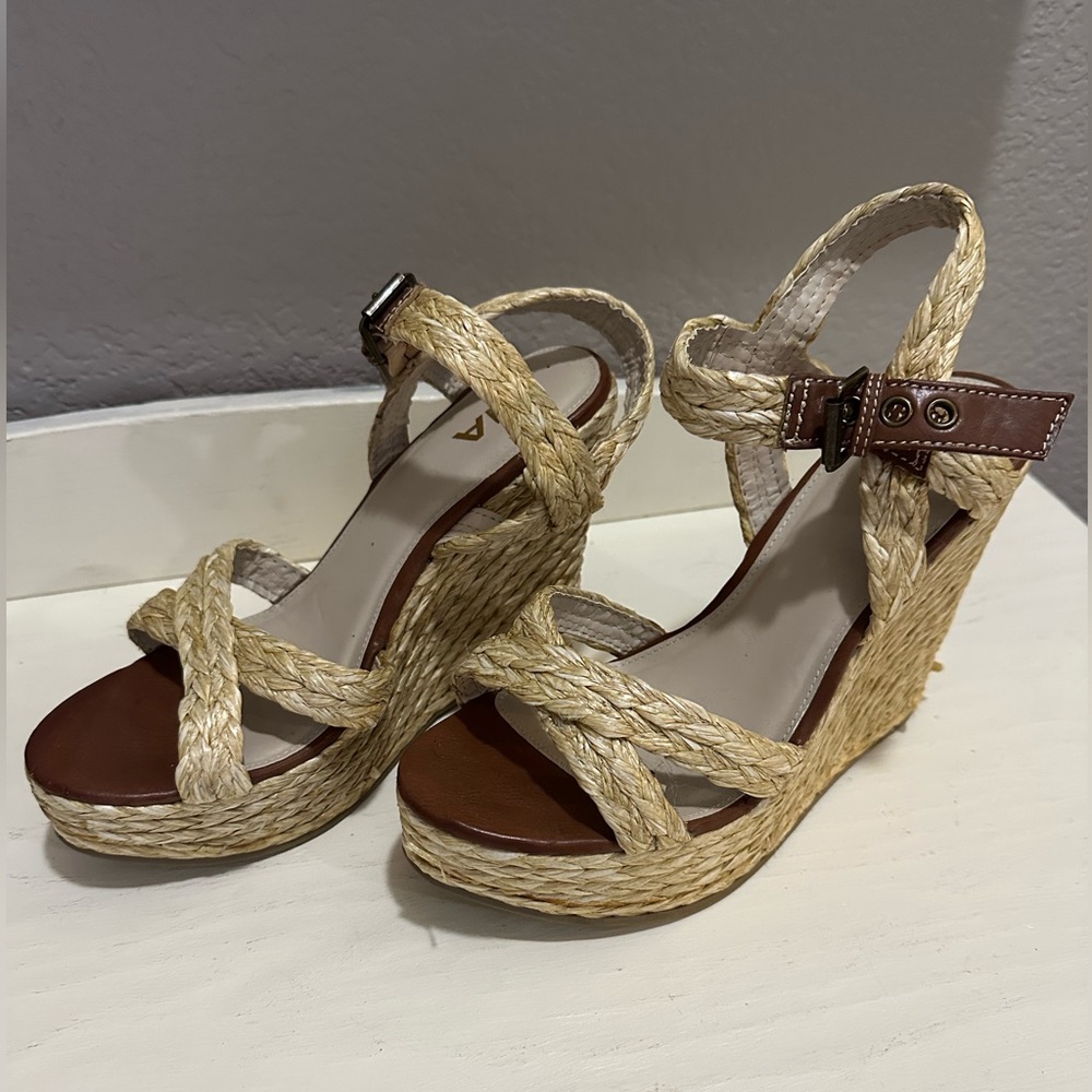MIA Braided Wedge Sandals - Tan and Brown